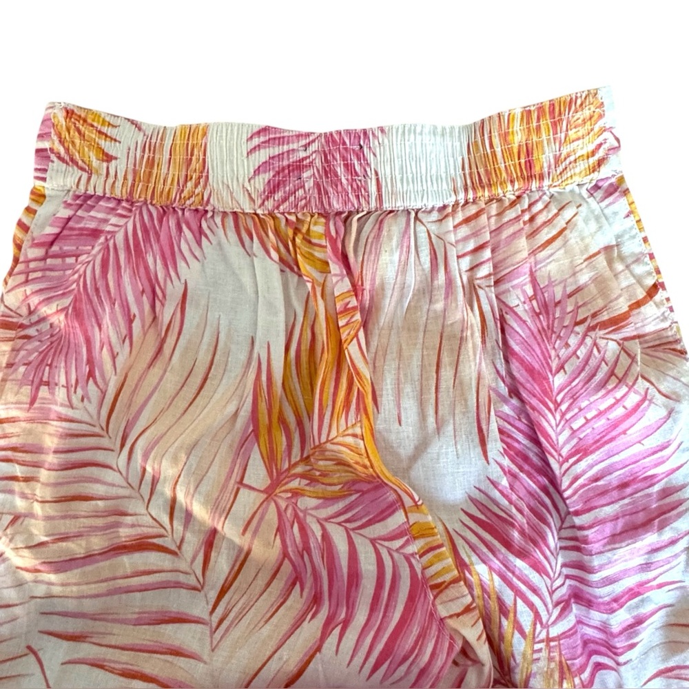 Tahari Size Small Pink/Orange Tropical Print Pullon Flat Front Linen Crop Pants - Picture 5 of 6